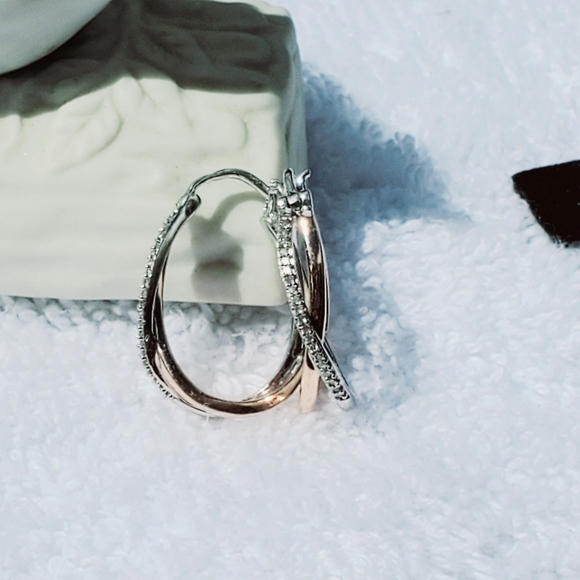 10K Rose Gold and Sterling Silver Pave Diamond Crossover Hoops - Picture 6 of 16